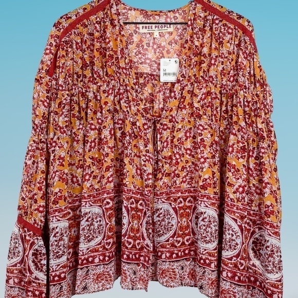 FREE PEOPLE Lorraine RETRO Print Tie-Front Wide Sleeve Flowy Tiered Kimono-Md - Picture 10 of 13